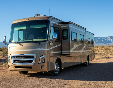 Class A luxury RV parked in the Arizona desert