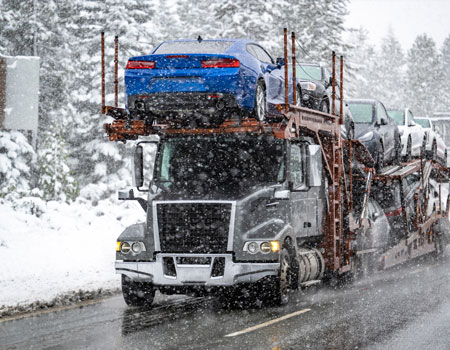Car carrier truck driving through snowy conditions while fully loaded with vehicles, highlighting reliable open auto transport services year-round